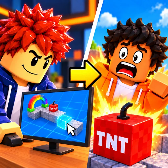 制作中のコースと、TNTの仕掛けに驚くプレイヤー